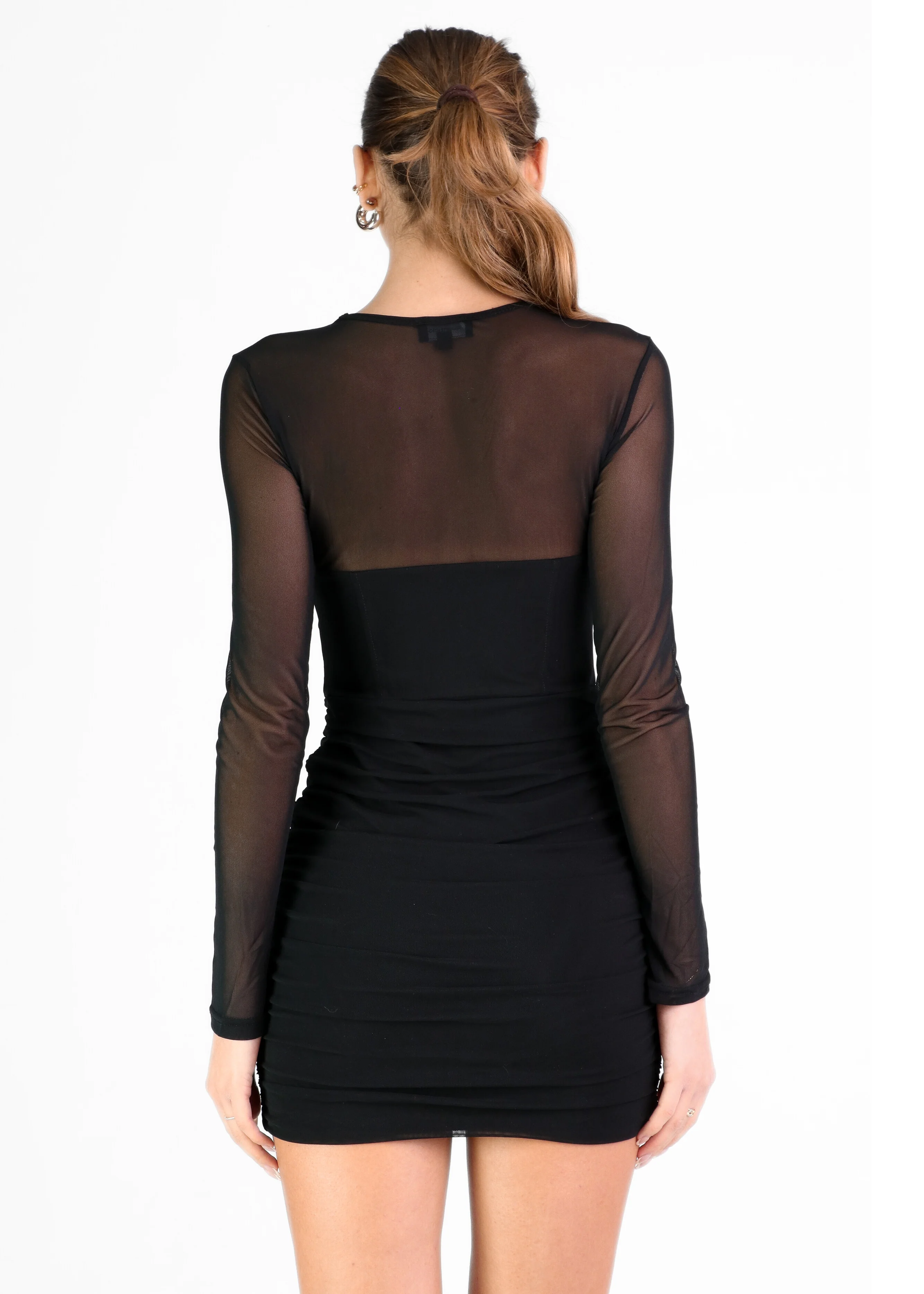 ADRIENNE - vestito mini in nero effetto mesh con incrocio e cut out sul davanti - Image 3