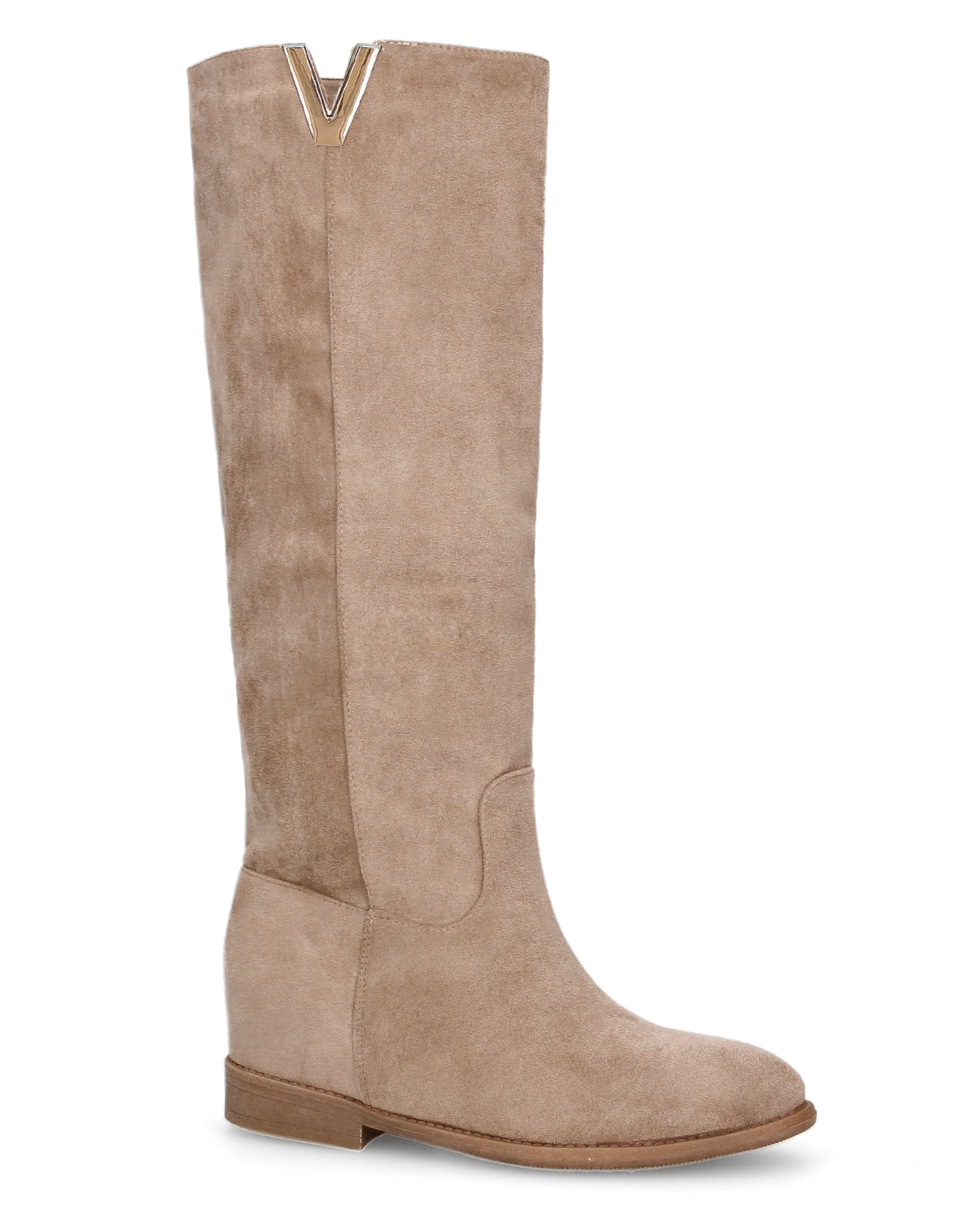 ANTEA - stivali alti in camoscio beige con zeppa interna e profilo in oro - Image 2