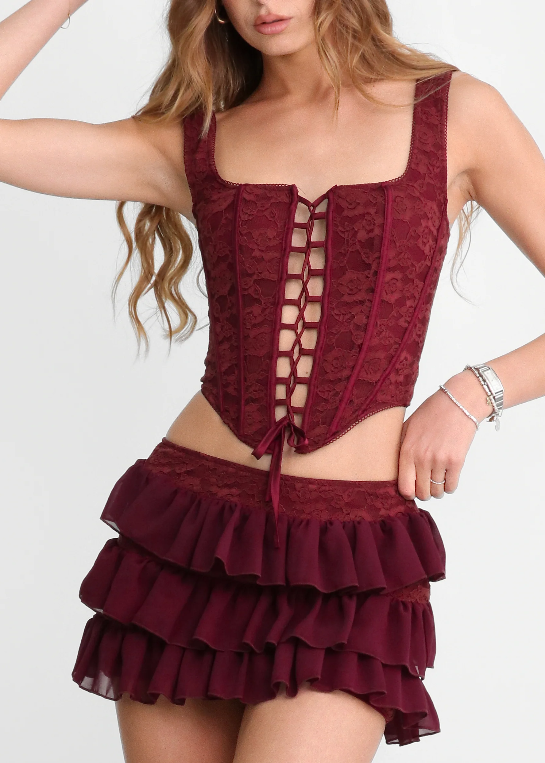 BREEZE - set co-ord gonna corta e corpetto in burgundy - Image 4