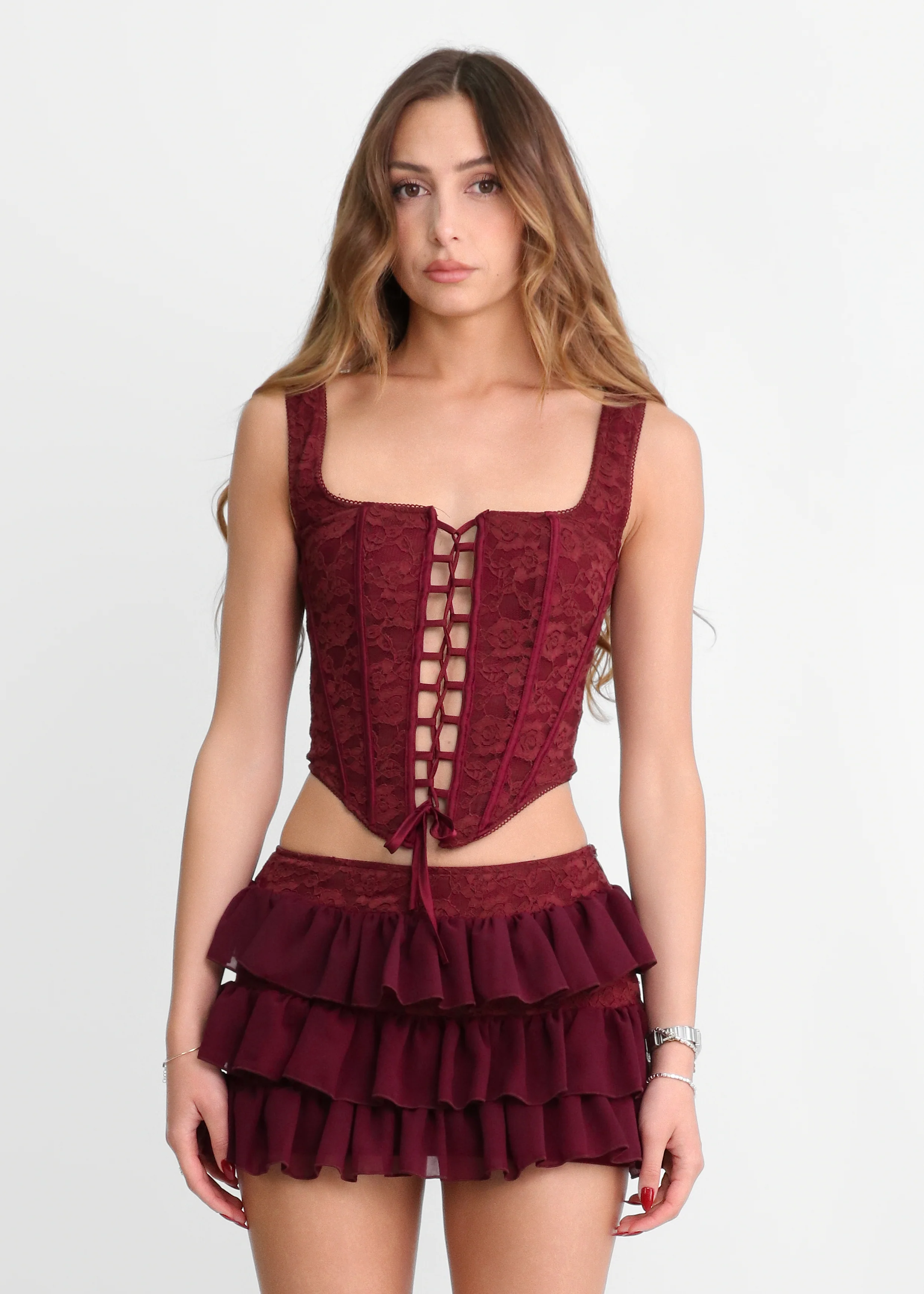 BREEZE - set co-ord gonna corta e corpetto in burgundy - Image 5