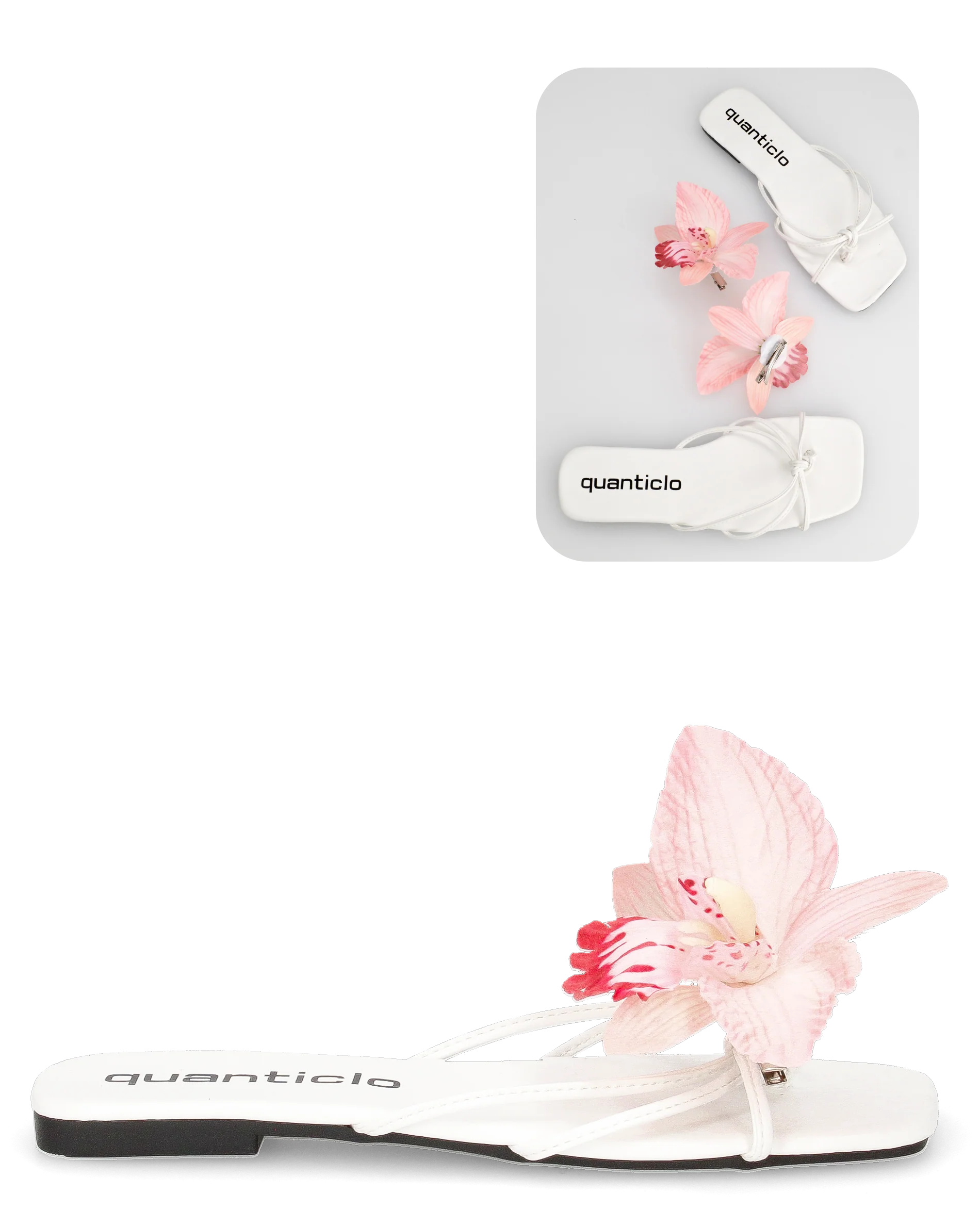 KILY - sandalini bassi bianchi con clip fiore orchidea rosa removibile