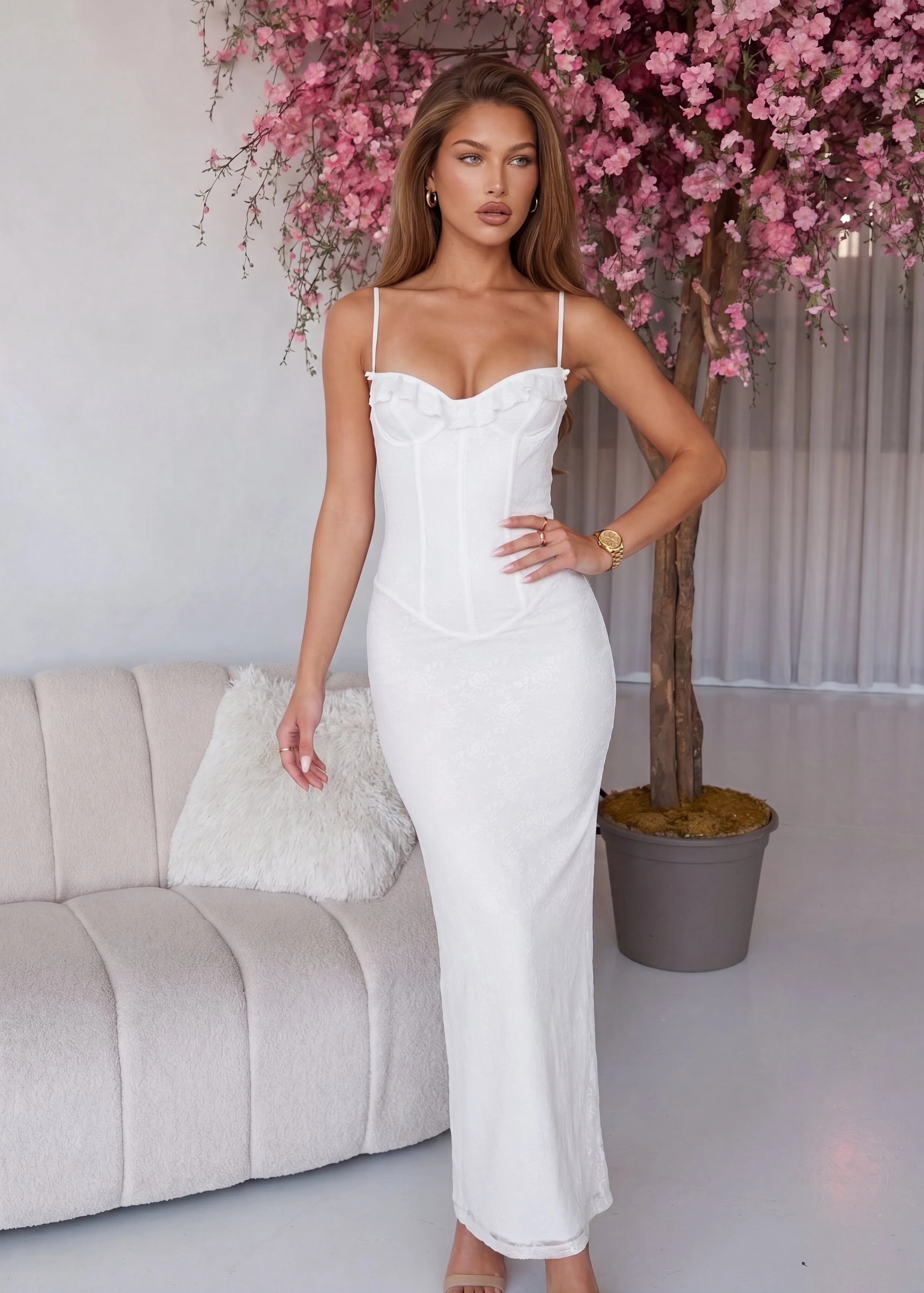 LOREN - vestito lungo con corpetto in pizzo bianco