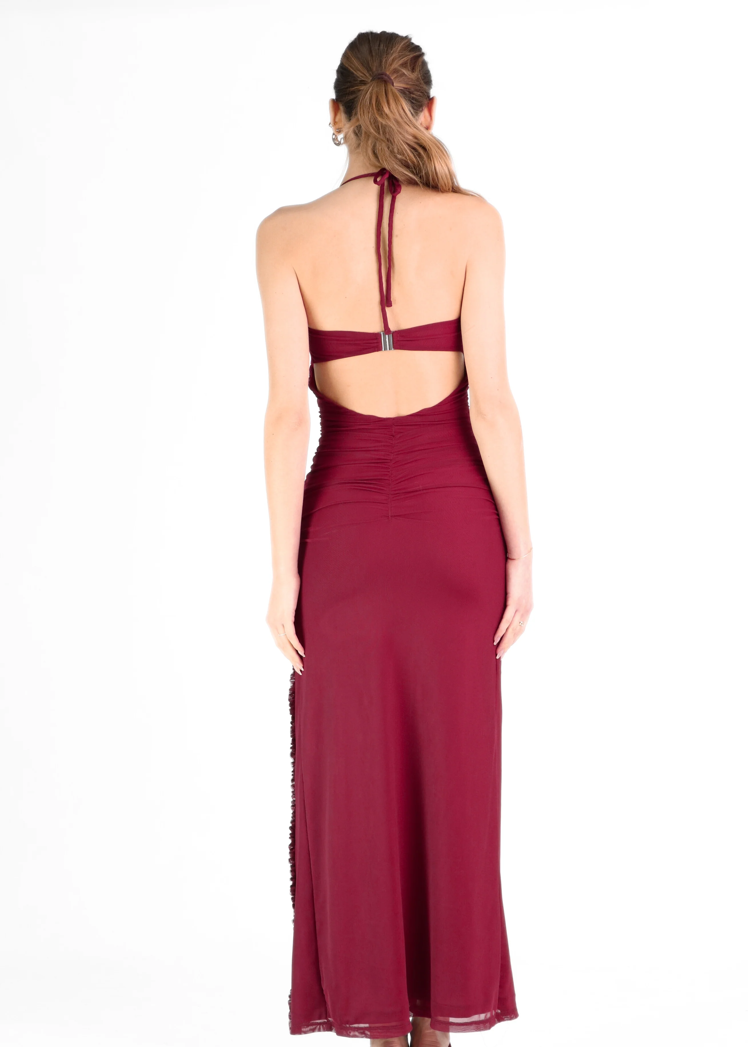MISHY - vestito bordeaux lungo con scollo profondo e rouches - Image 3