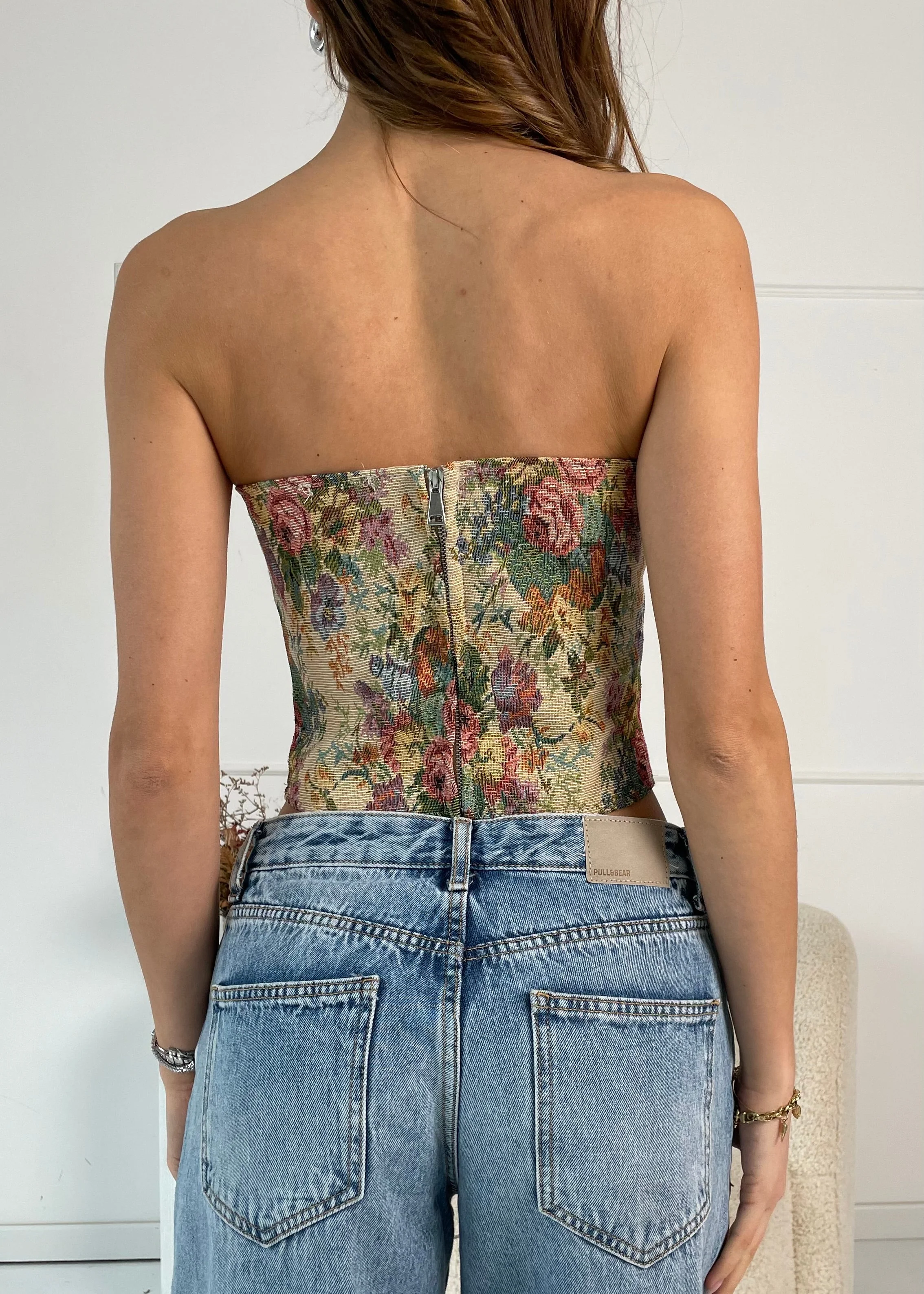 MISTY - top corpetto in tessuto jacquard beige con allacciatura davanti - Image 2
